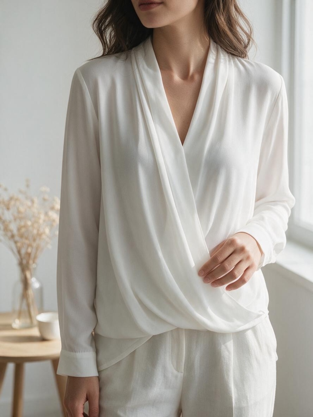 Vince Camuto classic faux wrap long sleeve white flowing top blouse size medium